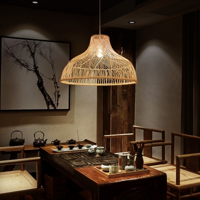 Pot Cover Tea Room Ceiling Lighting Rattan 1 Bulb Nordic Style Hanging Lamp in Wood