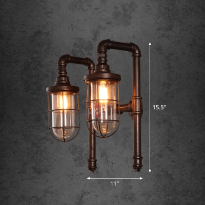 Rust Half-Capsule Reading Wall Lamp Cyberpunk Iron 2-Bulb Living Room Sconce with Gooseneck Pipe Arm and Cage