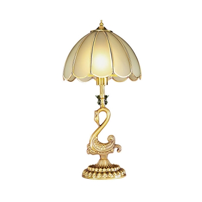 Scalloped Beveled Glass Table Light Traditional Single Bedside Nightstand Lighting with Peacock Decor in Brass