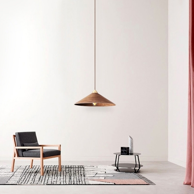 Single Dining Room Pendant Lamp Simplicity Brown Ceiling Hang Light with Cone Wooden Shade