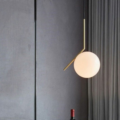 Spherical Bedside Pendant Lighting Opal Glass 1 Head Minimalist Ceiling Light with Metal V Decor in Gold