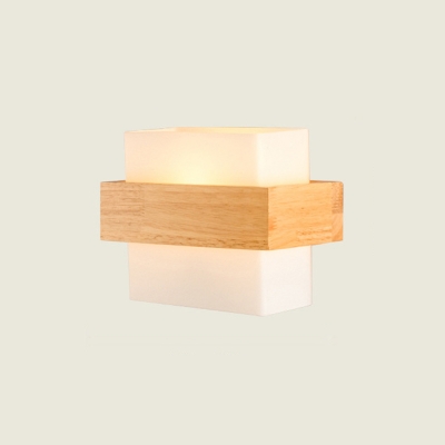 Square LED Surface Wall Sconce Nordic White Glass Single Bedside Wall Lamp with Wood Brace