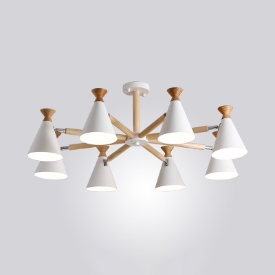 Swivelable Conical Cup Chandelier Nordic Metal Bedroom Suspension Pendant Light with Wooden Arm