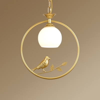 Vintage Shaded Pendant Light Single-Bulb Glass Suspension Light Fixture with Ring and Bird Decor