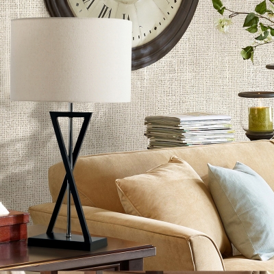 White Drum Night Table Lamp Modern 1 Bulb Fabric Nightstand Light with Triangle Base