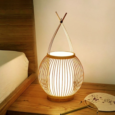 Wood Globe Table Lamp Chinese 1-Light Bamboo Night Light with Handle and Fabric Shade