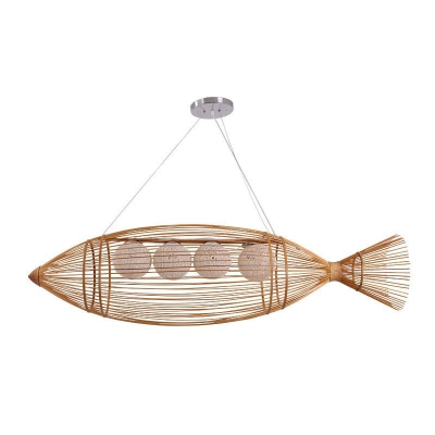 4-Light Restaurant Suspension Lighting Modern Wood Chandelier with Fish Shaped Bamboo Shade