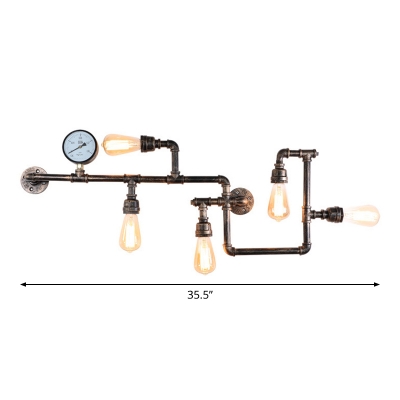 5-Bulb Piping Wall Lamp Sconce Warehouse Iron Wall Mounted Light with Gauge Decoration