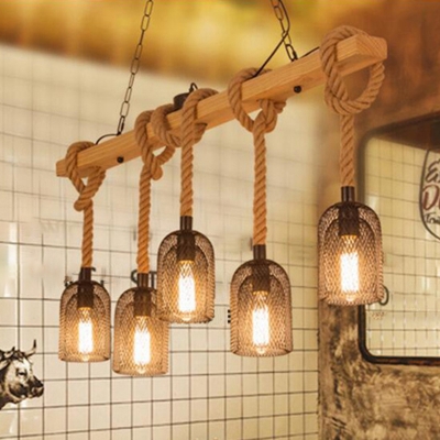 5 Bulbs Pendant Light Vintage Dangling Hemp Rope Hanging Island Light with Cage in Wood