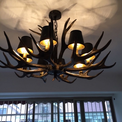 Antler Bistro Chandelier Rustic Resin Black Pendant Light with Conical Fabric Shade