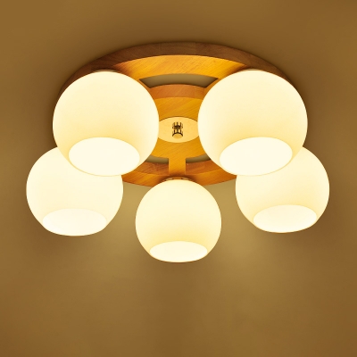 Ball Flush Mount Fixture Nordic White Glass Corridor Ceiling Mount Light in Wood