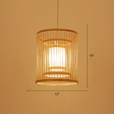 Bamboo Cylindrical Pendant Light Contemporary Single-Bulb Wood Suspension Light Fixture