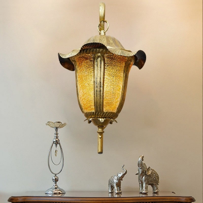 Bell Shaped Yellow Glass Wall Sconce Light Traditional 1 Bulb Hallway Wall Lamp with Ruffled Cap in Brass