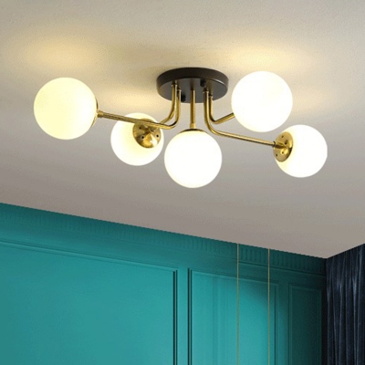 Black and Brass Ball Ceiling Flush Light Minimalistic Glass Semi Flush Light for Living Room
