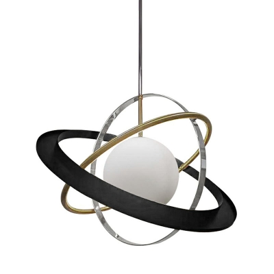 Black and Brass Orbital Planet Pendant Light Post-Modern 1-Light White Glass Hanging Lamp Kit