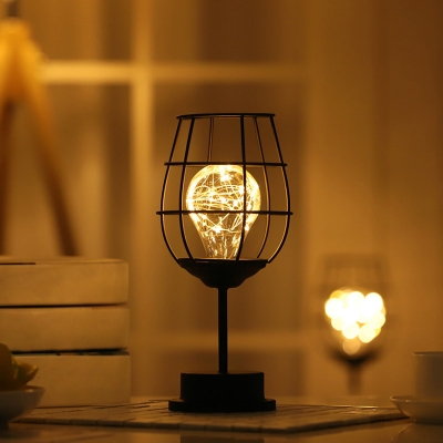 Black Cage LED Night Table Light Art Deco 1-Light Metal Battery Nightstand Lamp for Room