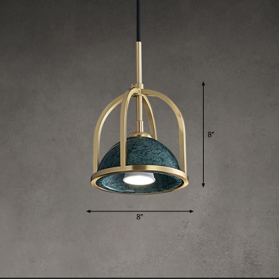 Blackish Green Dome Hanging Lamp Retro 1 Bulb Marble Pendant Light with Brass Cage