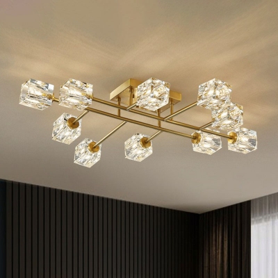 Branch Semi Mount Lighting Postmodern Crystal Block Living Room Ceiling Flush Light in Gold