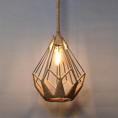 Brown 1-Bulb Suspension Lighting Rural Hemp Rope Geometric Ceiling Pendant Light