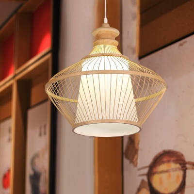 Chinese 1-Light Pendant Lamp Teardrop Shaped Hanging Light with Bamboo Cage Shade