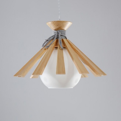 Cream Glass Ball Suspension Light Nordic 1-Head Ceiling Pendant with Slatted Wood Top