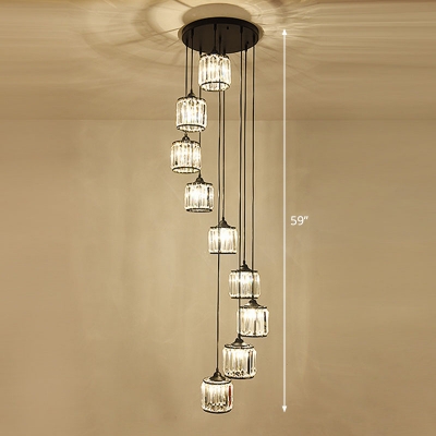 Cylindrical Multi-Light Pendant Modern Prismatic Crystal Black Hanging Lamp for Stairs