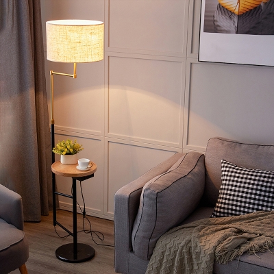 Drum Standing Light Minimalist Fabric 1 Head Living Room Floor Lighting with Wood Tray