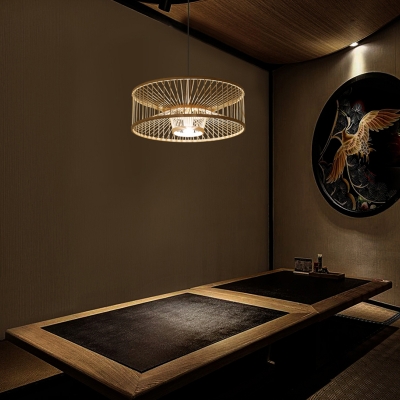 Drum Tea Room Ceiling Light Bamboo Single Modern Style Hanging Pendant Light in Wood