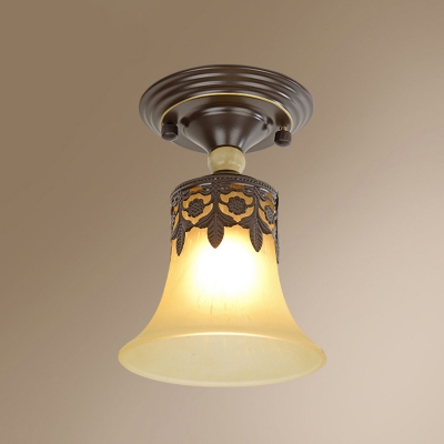 Flared Beige Glass Ceiling Lamp Vintage Single-Bulb Kitchen Semi Flush Mount Light with Filigree