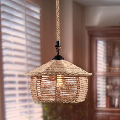 Flaxen Shaded Pendant Lighting Fixture Rustic Rope 1-Head Living Room Ceiling Hang Lamp