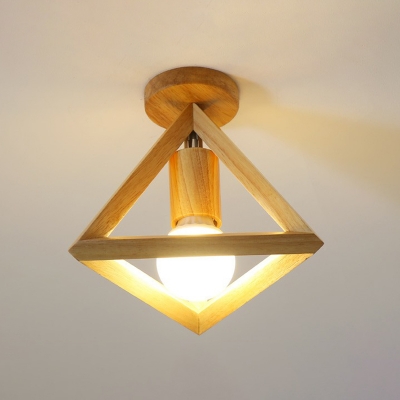 Geometric Cage Style Aisle Ceiling Lamp Wooden 1-Bulb Nordic Semi Flush Mount Light