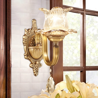 Gold Finish 1-Bulb Wall Light Fixture Antique Clear Glass Bud Shaped Sconce Lamp with Crystal Drop