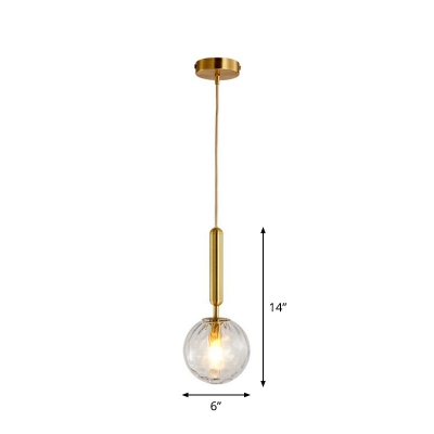 Gold Finish Ball Shaped Pendant Minimalist Single Rippled Glass Hanging Ceiling Light
