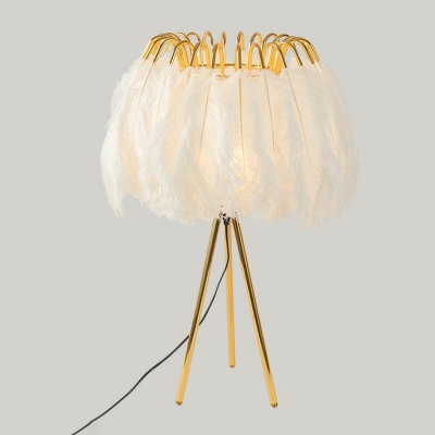 Gold Tripod Nightstand Lamp Postmodern 1-Head Metal Table Light with Feather Shade