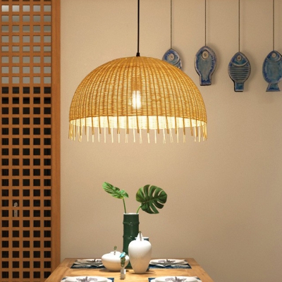 Half-Globe Suspension Light Fixture Asian Bamboo Single Wood Pendant Lighting with Fringe