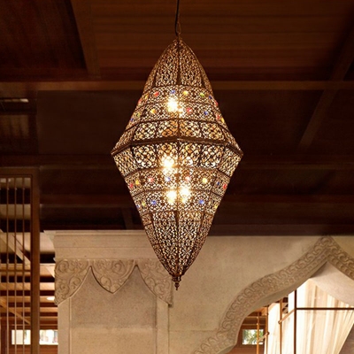 Hand-Carved Hallway Ceiling Hang Light Traditional Metal 6 Lights Grey Suspension Pendant