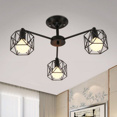 Iron Black Finish Chandelier Hexagonal Wire Cage Industrial Style Pendant Ceiling Light