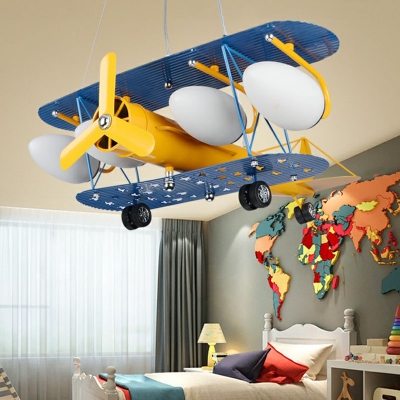 Metal Biplane Chandelier Pendant Kids 4-Light Yellow and Blue Ceiling Light with Ellipse Milk Glass Shade