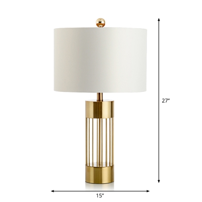 Minimalist Cylinder Table Light Fabric 1 Bulb Living Room Night Lighting in White with Brass Open Base