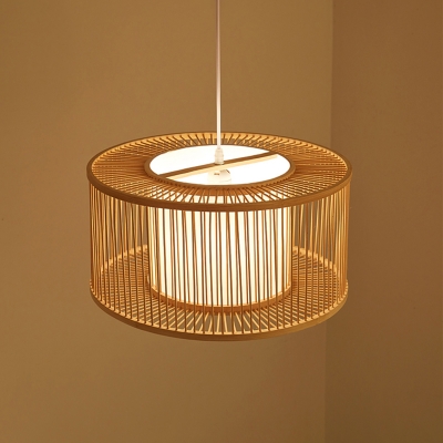 Minimalist Drum Suspension Lighting Bamboo 1 Head Restaurant Pendant Ceiling Light in Wood