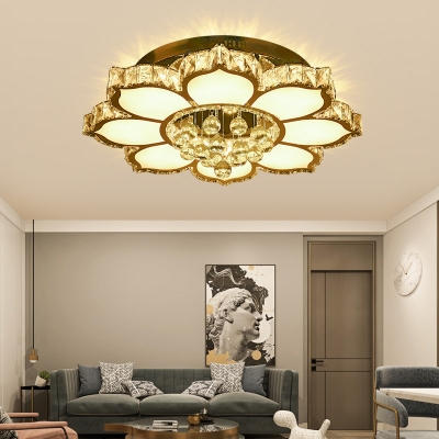 Modern Flower LED Flush Light Cut-Crystal Living Room Ceiling Mounted Lamp in White