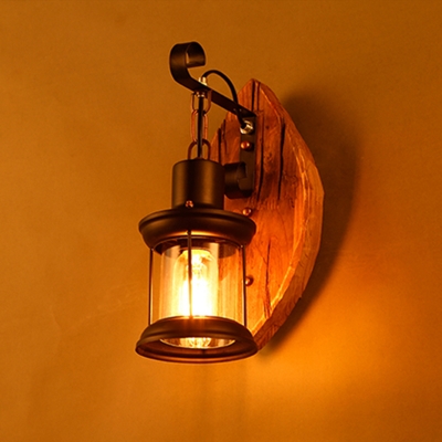 Nautical Lantern Wall Sconce Single Clear Glass Wall Mount Light with Oval Wooden Backplate