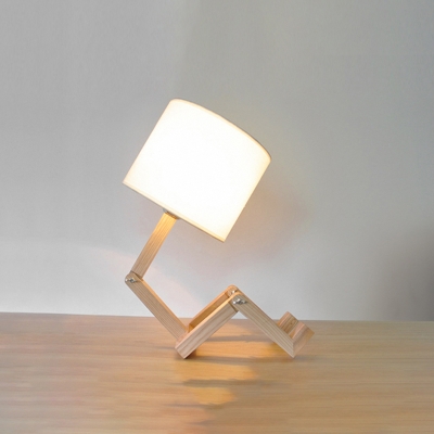 Nordic 1 Bulb Table Light White Geometric Nightstand Lamp with Fabric Shade and Wooden Base
