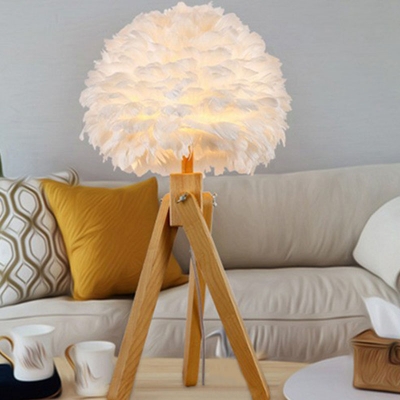 Petal Table Lighting Nordic Style Feather 1-Light Bedroom Nightstand Lamp with Wooden Tripod in White