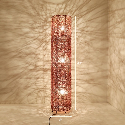 Rattan Pillar Shaped Floor Lamp Minimalist 3-Bulb Standing Light for Living Room