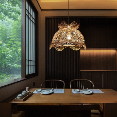 Rattan Scalloped Pendant Light Contemporary Single-Bulb Restaurant Suspension Light Fixture in Wood