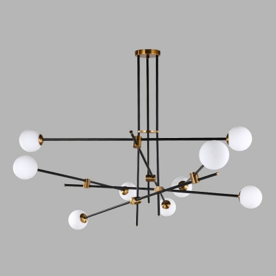 Rotating Linear Chandelier Light Minimalist Metal Black Pendant Lamp with Ball Milk Glass Shade