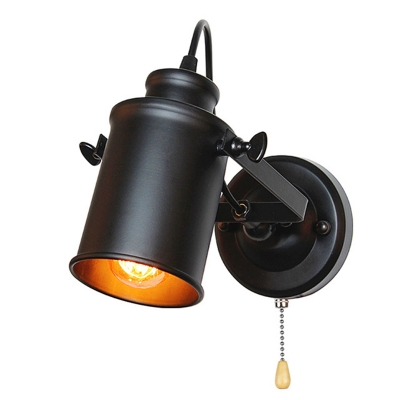 Shaded Iron Wall Light Fixture Vintage Single-Bulb Bedroom Wall Mounted Lamp with Pull Chain in Black