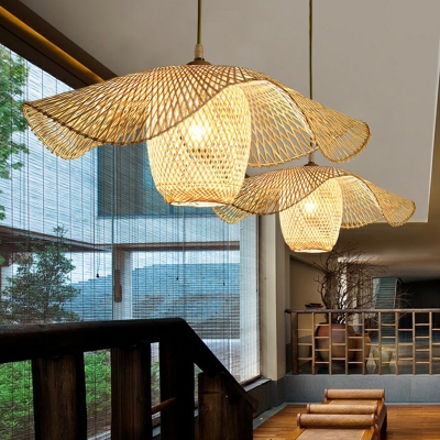 South-East Asia Ruffle Ceiling Hanging Lantern Bamboo 1 Bulb Restaurant Pendant Light in Beige