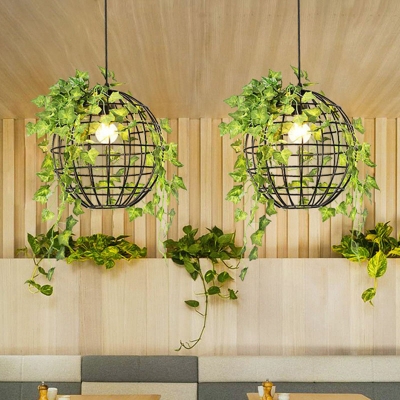 Spherical Cage Style Iron Hanging Light Industrial 1 Head Dining Room Pendant with Ivy Deco in Black